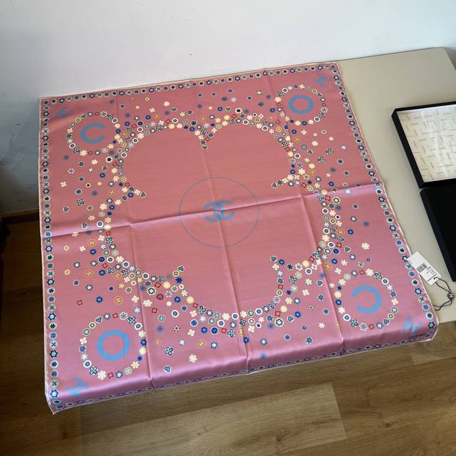 Original Chanel 90Cm Silk Square Scarf With Double C Camellia Top-Quality Twill