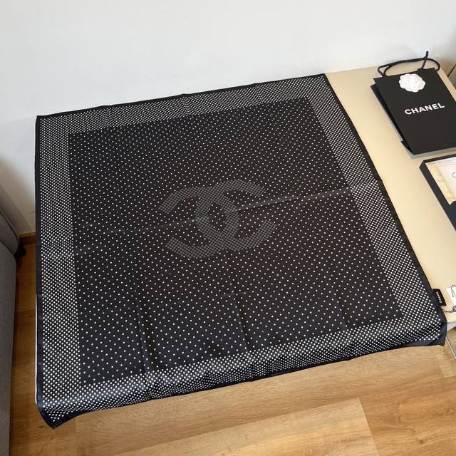 Original Chanel 90Cm Silk Square Scarf With Large Double C And Polka Dots, Top-Q
