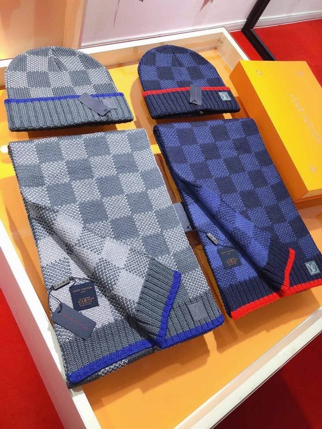 Rlv1955 Premium Set Lv Ultra-Durable Thickened Checkered Cashmere Scarf + Hat Ul