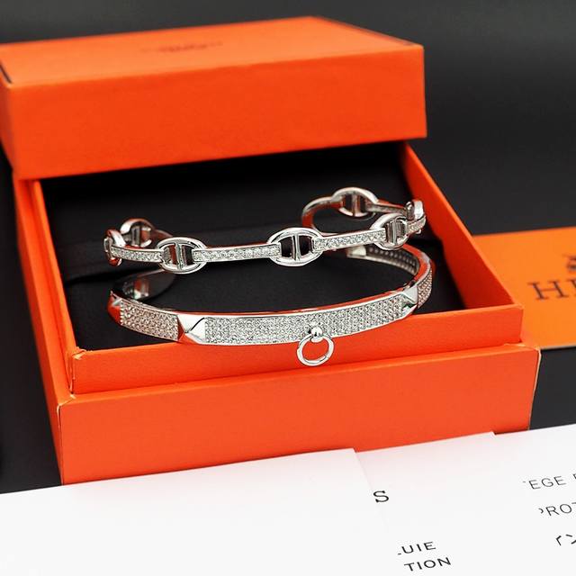 Herm S Pig Nose Orange Full Diamond Half-Circle Bracelet Xb758