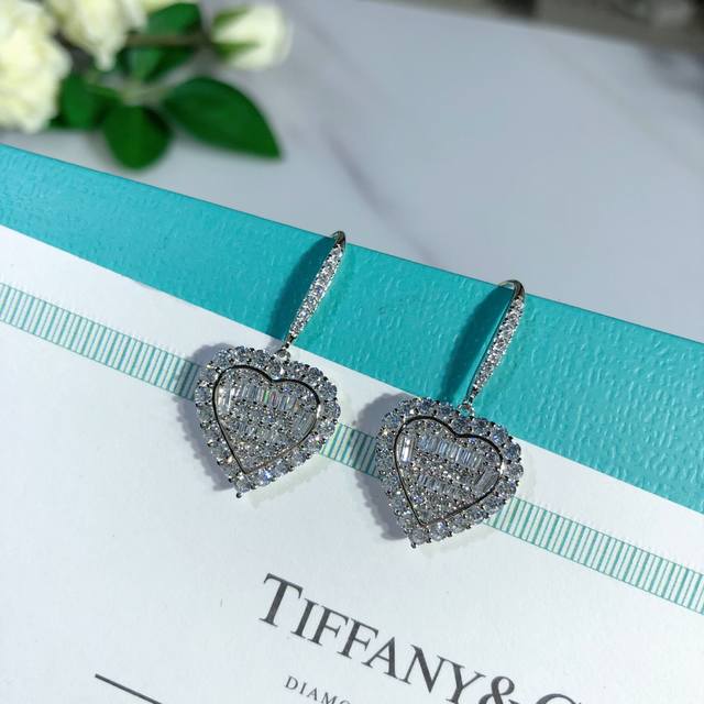 925 Tiffany-Style Square Diamond Heart Ear Hooks. New Design. Cluster-Set Full-D