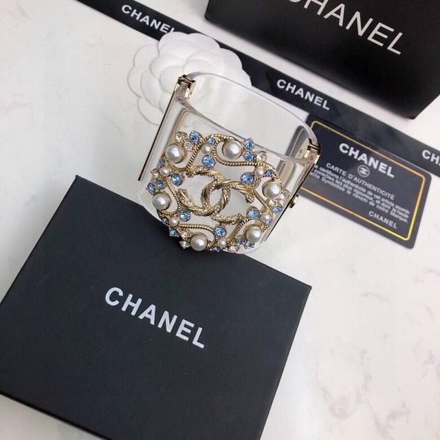 Chanel New Diamond Water Double C Logo Resin Transparent Wide Bracelet, Differen
