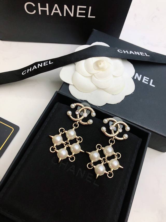 Chanel Chanel Openwork Swarovski Pearl Crystal Double C Stud Earrings, Celebrity