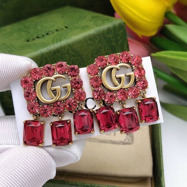 Code Ged0004 White, Code Ged0059 Red, Code Ged0032 Green Double G Stud Earrings,