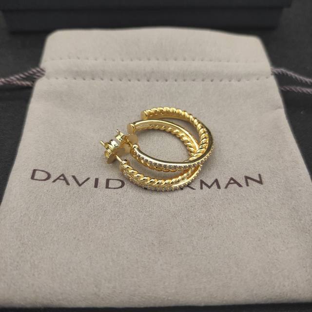 David Yurman Thread-Set Diamond Gold-Colored Earrings. Inner Diameter Approximat