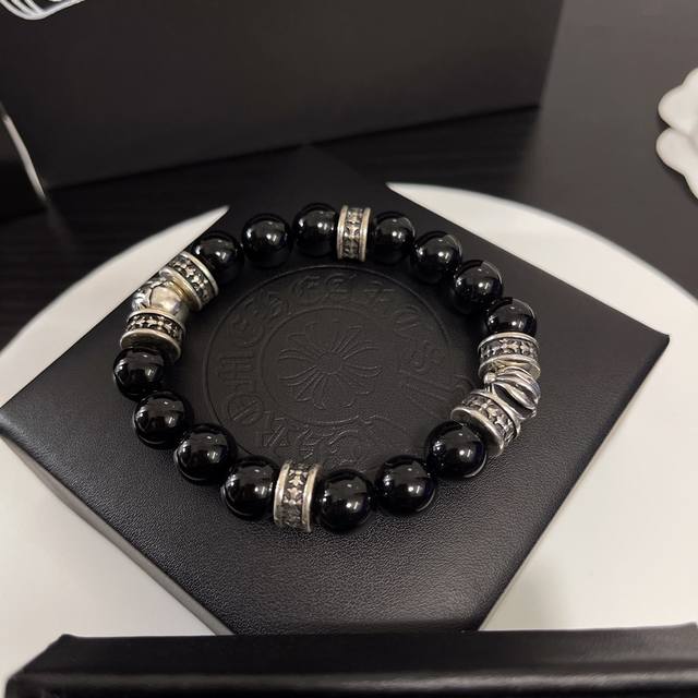 In Stock Chrome Hearts 10Mm Black Obsidian Bead Bracelet With Silver Beads, Chro