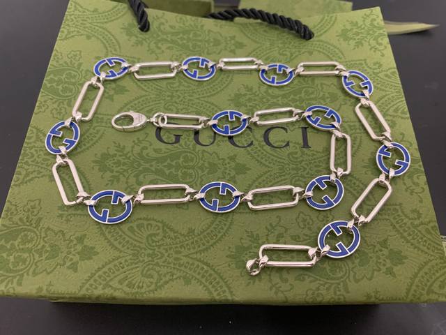 Arrived! Gucci New Blue Enamel Interlocking Double G Necklace In Stock Length: 6
