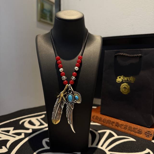 New Arrival Goro's Takahashi Gor Eagle Claw Feather Glass Bead Cord Necklace, To