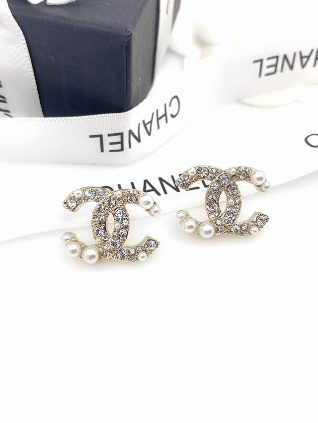 Chanel New Double C Half Pearl Half Diamond Stud Earrings, High-Quality, Same Ma