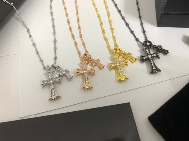 Chrome Hearts Classic Double Cross Full Diamond Necklace, Platinum, Rose Gold, Y