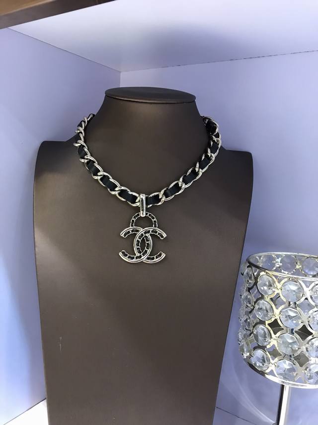 New Chanel Leather Chain Necklace, Customizable Size, Black Leather Design For A