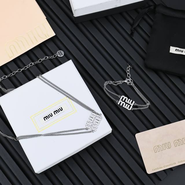 Miu Miu Full Diamond Letter Double-Layer Bracelet And Necklace. A Classic, Clean