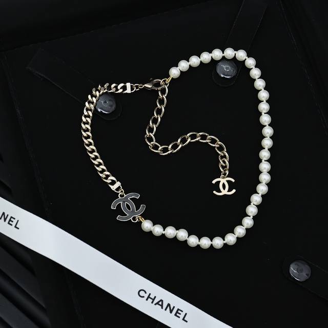 Chanel Black Gold Double C Enamel Half Chain Pearl Necklace. This Necklace Is In