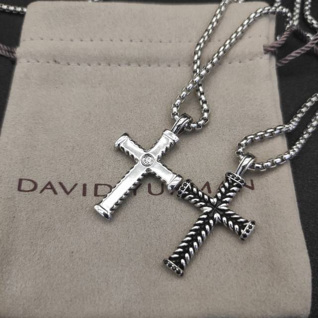 David Yurman Double-Knot Cross Necklace With Black Diamonds.Chain Thickness: 3Mm