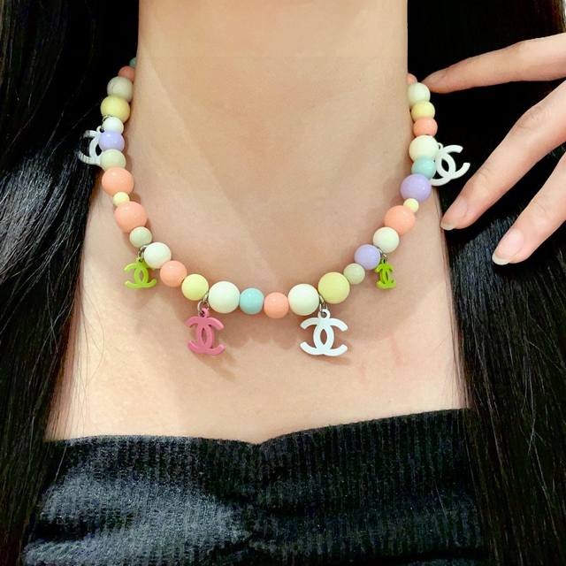Chanel Colorful Macaron-Inspired Multi-Pendant Round Ball Double C Necklace