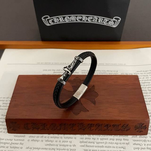 New Arrival, Boutique Quality Chrome Hearts Sword-Shaped Leather Strap Bracelet