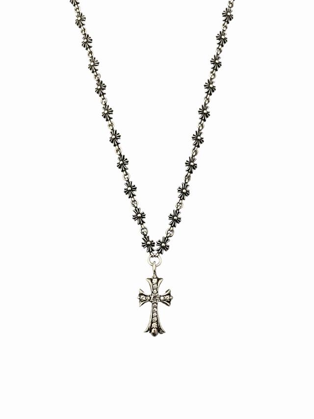 Chrome Hearts Stone-Inlaid Cross Chain, Hand-Embedded White Diamonds, Vintage Fi