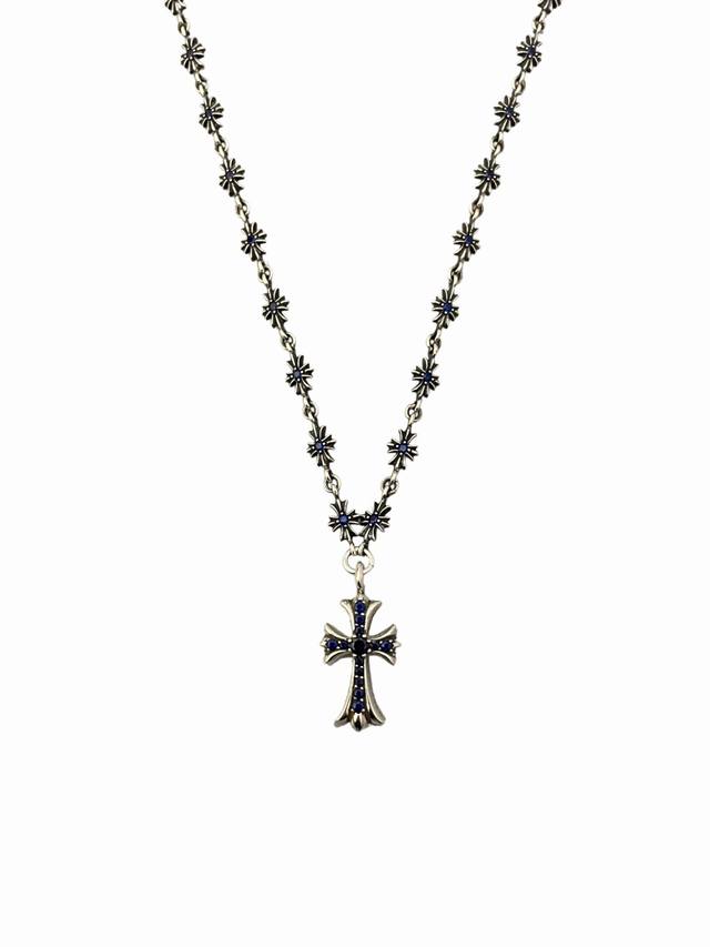 Krosin Blue Zircon Cross Necklace Set Full Blue Sapphire Zircon Cross Flower Tin