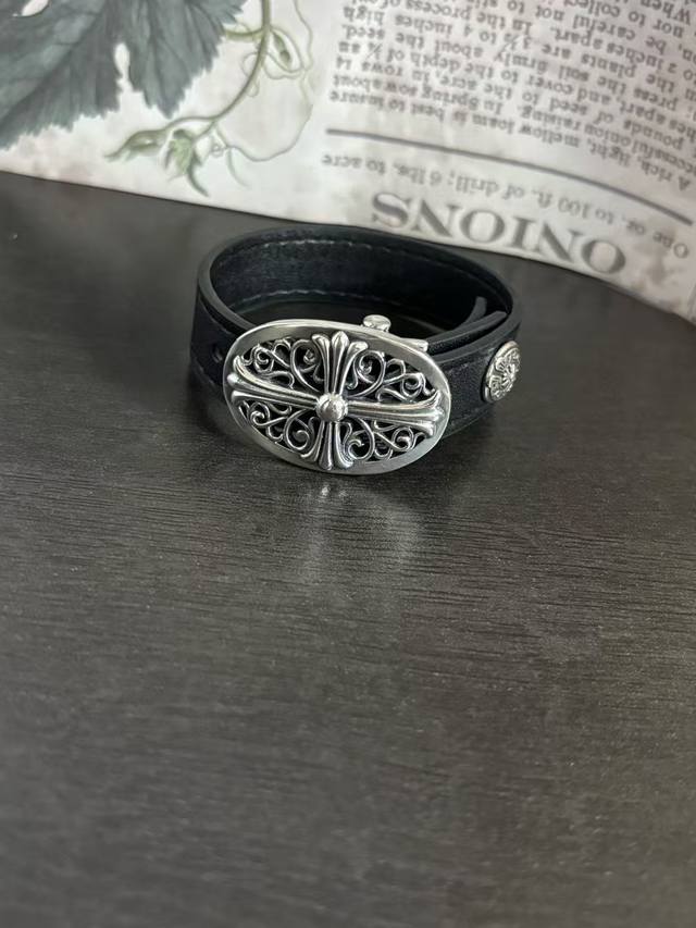Chrome Hearts Cross Engraved Adjustable Leather Cord Bracelet