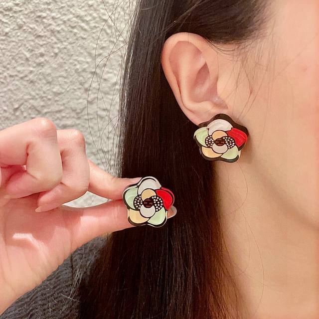 Chanel Camellia Double C Stud Earrings
