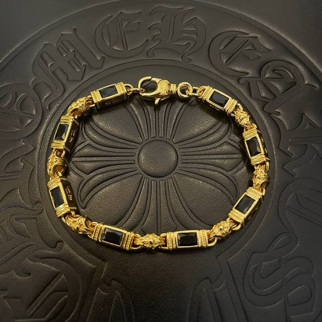 New Arrival, Boutique Quality Chrome Hearts Black Diamond Cross Bracelet In Gold