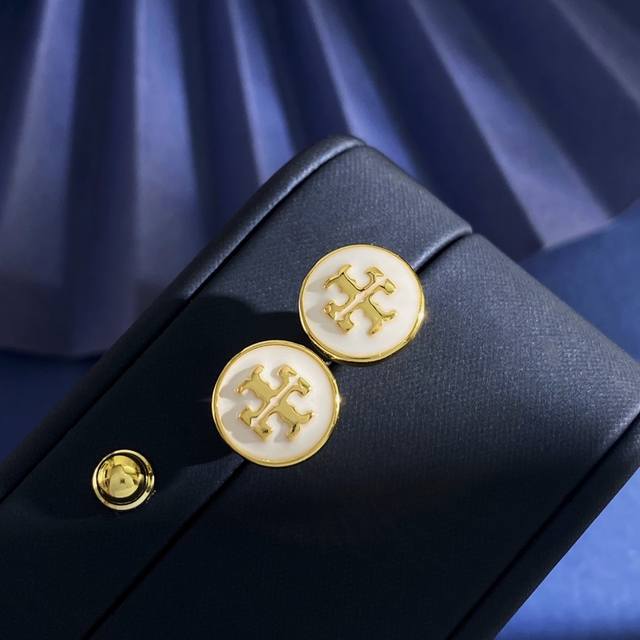 Tory Burch Fashion Minimalist Geometric Round White Drip Earrings Brass Material