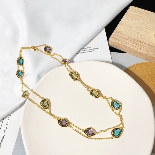 Italian-Style Baoman-Style Colorful Irregularly Cut Gemstone Long Necklace Sweat