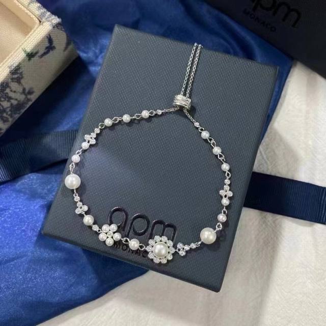 Apm Pearl Flower Bracelet Silver Jewelry Best Friend Gift Ins-Inspired Design Ne