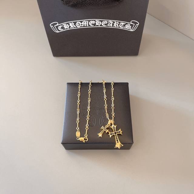 Double Cross Necklace With Gold Plating And Diamonds For Men And Women, Couple's