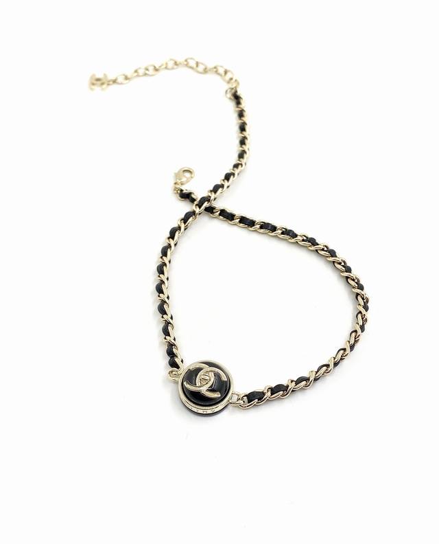 Chanel Latest Model Resin Black Leather Necklace, Consistent With Zp Brass Mater