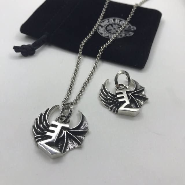 Chrome Hearts Retro Bat Wing Necklace With Pearl Chain, Pearl Beads, Letter Chai
