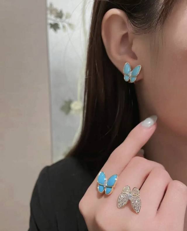 V Gold-Plated Two Butterfly Series Turquoise Butterfly With Diamond Accents, Fre