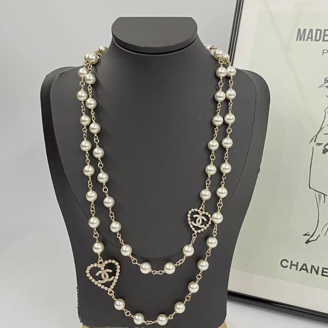 Chanel Necklace Hot New Arrival Chan 25P Light Gold Lace-Cut Heart Pearl Sweater