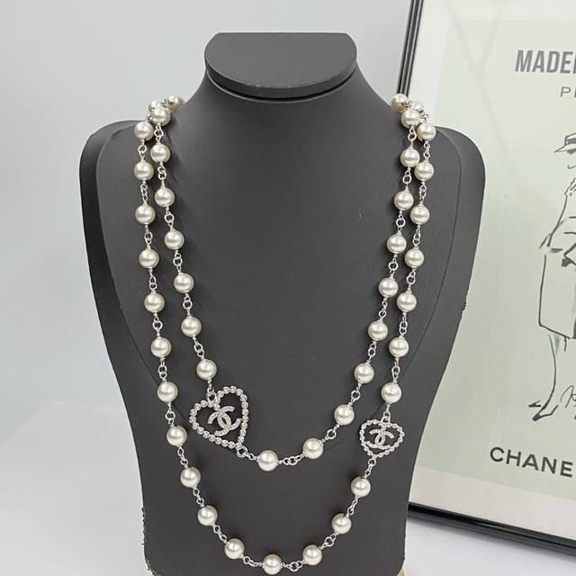 Chanel Necklace - Hot New Arrival! Chan 25P Silver-Tone Hollow Heart Pearl Sweat