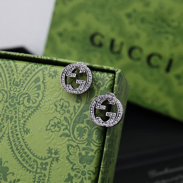 Valentine's Day Gift] Gucci Silver Diamond Interlocking Double G Stud Earrings