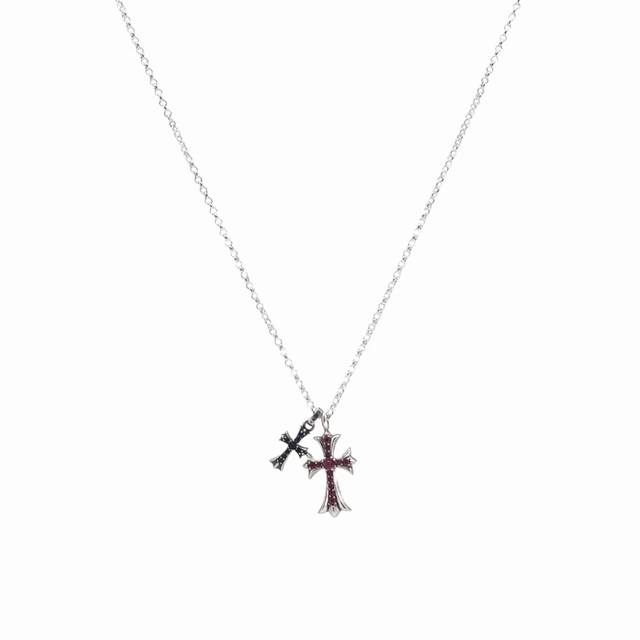 Chrome Hearts Double Cross Necklace With Stone-Inlaid Crosses, Hand-Embedded, Re