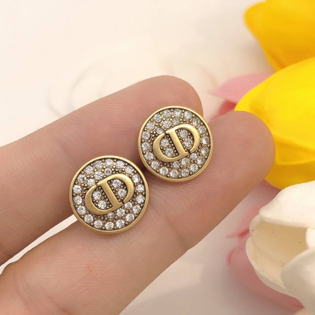 Code Ded0091 Dior Original New Item Round Cd Diamond-Studded Ear Studs High-End
