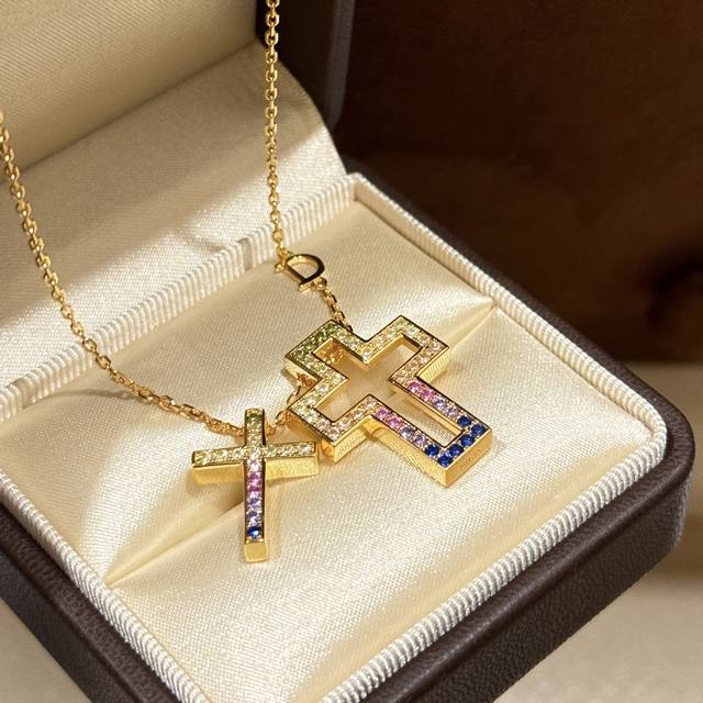 A5996 European And American Luxury Brand New Gradient Color Double Cross Necklac