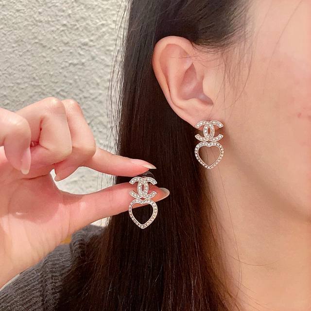 Chanel Heart-Shaped Openwork Double C Diamond Earrings