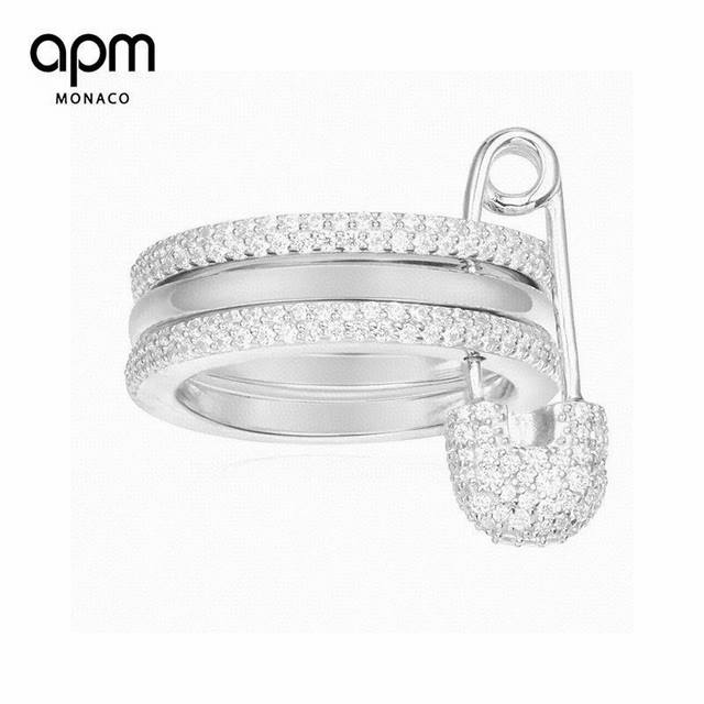 Apm Monaco White Diamond Pin Ring! Absolutely Stunning! Three Small Rings Stacke