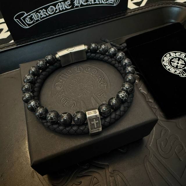 New Arrival, Boutique Quality Chrome Hearts Cross Double-Layer Leather Cord Brac