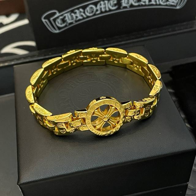 Store-Quality Chrome Hearts Classic Gold-Tone Cross Bracelet With Textured Patte