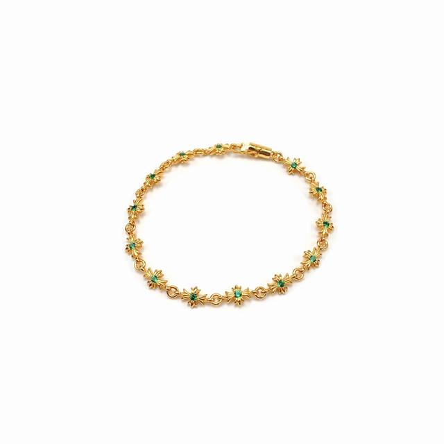 Chrome Hearts Gold-Plated Green Diamond Tinye Fine Cross Flower Bracelet