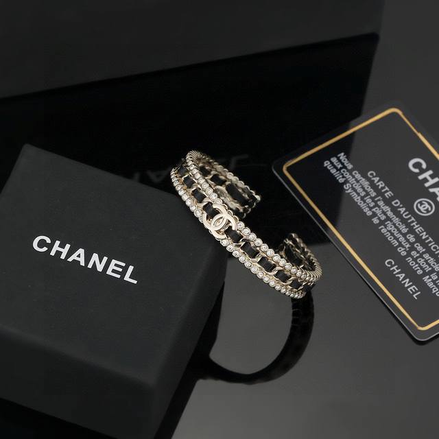 Chanel Ch Nel New Black Leather Bracelet Black Leather With Diamond Accents, Fea