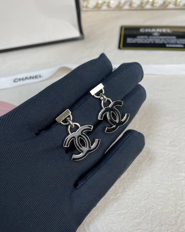 Chanel Black Enamel Double C Pendant Earrings