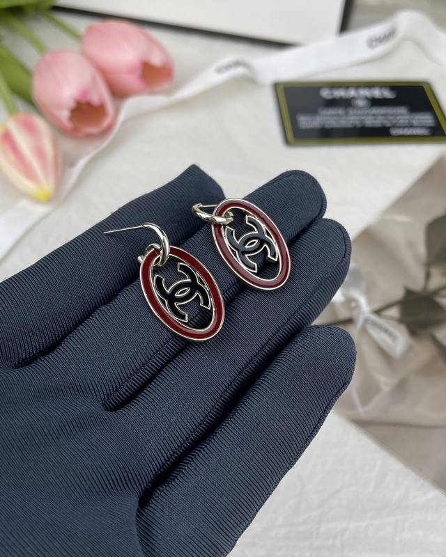 Chanel Red Enamel Oval Earrings