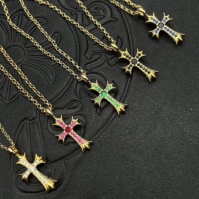 Chrome Hearts 22K Gold Diamond Cross Necklace With Colorful Diamonds Classic Sty