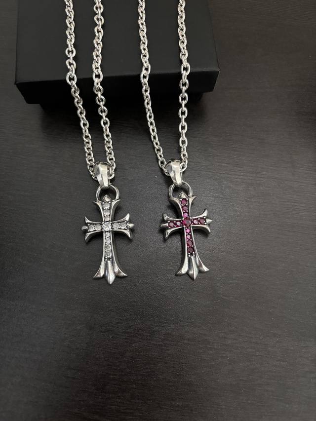 Chrome Hearts Red And White Diamond Cross Necklace