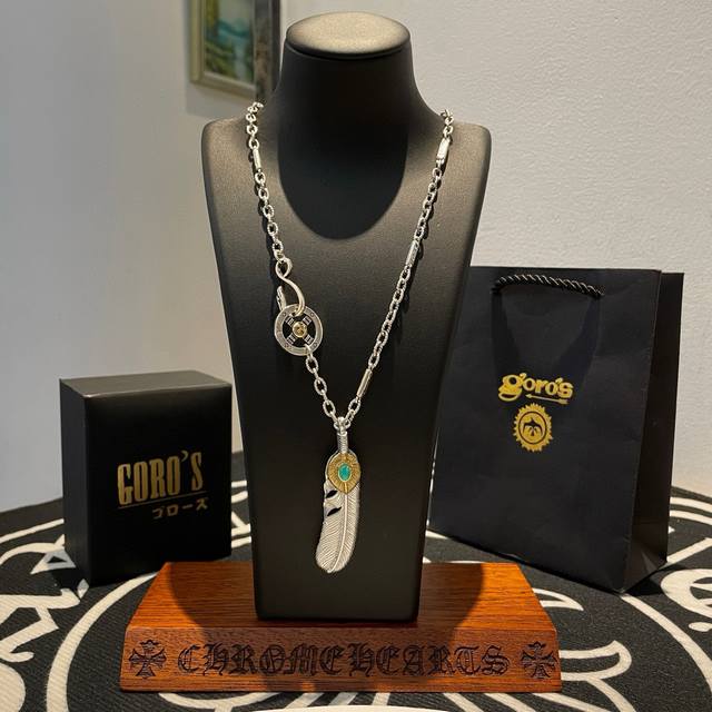 New Arrival Goro's Takahashi Gor Gold-Plated Turquoise Feather Pendant, Takahash
