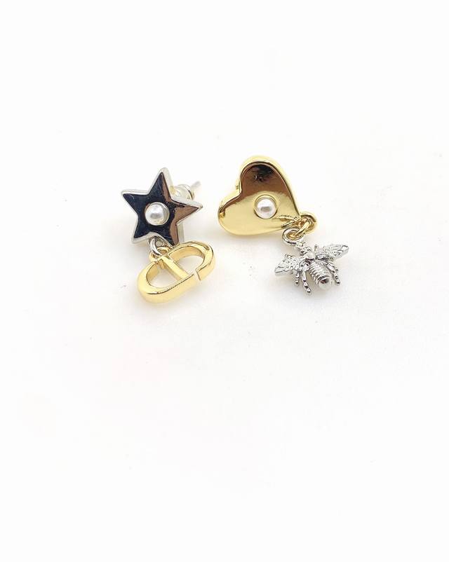 D*Or Latest Model Two-Tone Heart-Shaped Five-Pointed Star Asymmetric Earrings, C